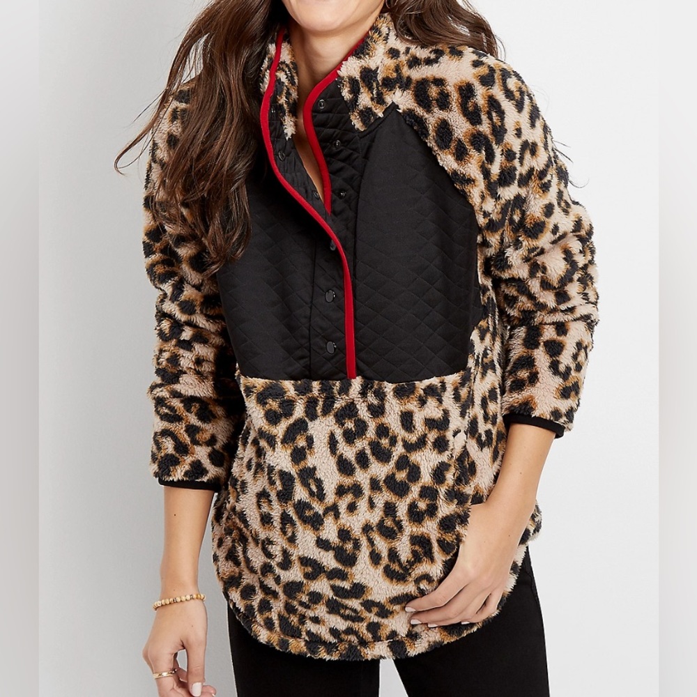 Maurice's Leopard Print Sherpa Half Button Pullover with Muff Pocket Plus Size 0